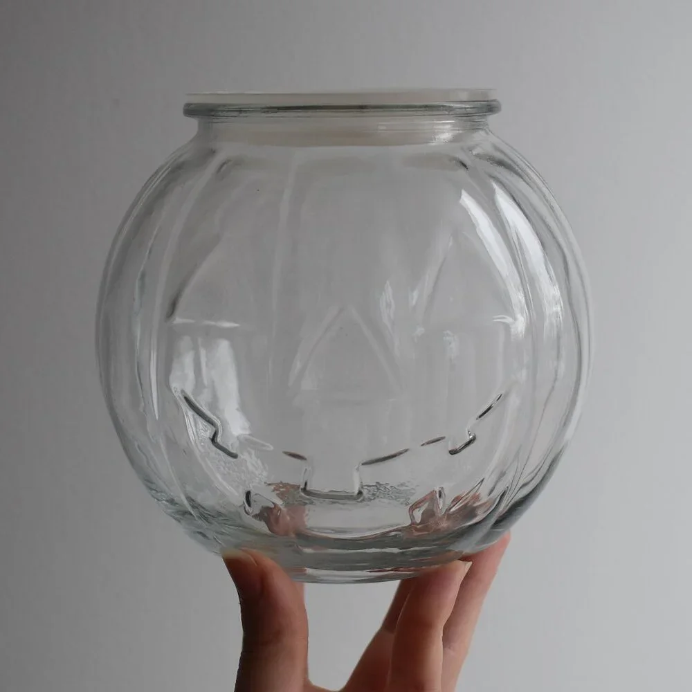 Vintage Clear Glass Jack O Lantern Pumpkin Candy Dish Jar Fall Halloween Decor